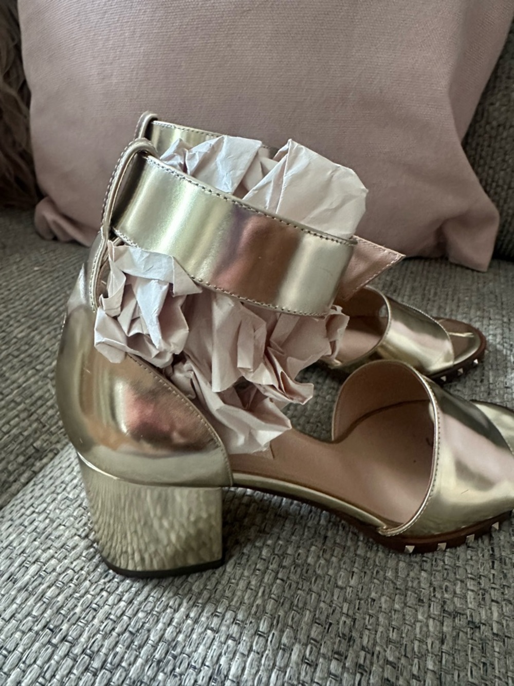 Valentino Garavani Metallic Gold Stud-Trim Block Heel Sandals - Picture 7 of 13